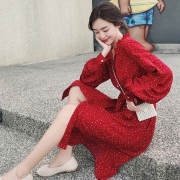 波点收腰显瘦裙女红色中长款雪纺裙子 券后￥148
