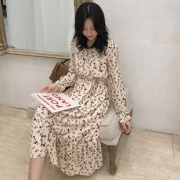 春季韩版收腰中长款印花连衣裙