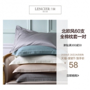 LENCIER 兰叙 60支全棉贡缎纯色枕套 一对装 74*48cm
