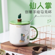 卡通带盖带勺陶瓷杯+不锈钢勺 400ml