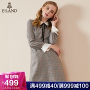 ELAND早秋新款英伦格纹拼接娃娃领系带收腰连衣裙EEOW84991M 459元