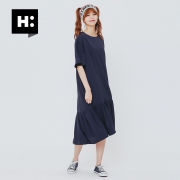 H:CONNECT夏季新款连衣裙圆领小飞袖荷叶裙摆中长款纯色裙子 88元