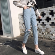 2019春款春季老爹裤松紧腰阔腿高腰牛仔裤女九分宽松韩版破洞百搭
