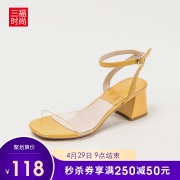 三福女士 时尚一字带 粗跟凉鞋 68元包邮