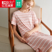 ￥79.8 睡裙女夏季纯棉长款红豆性感大码条纹短袖薄款全棉家居服女士睡衣