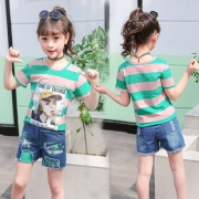 女童新款夏装牛仔短裤T恤两件套