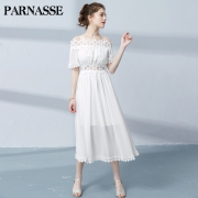 Parnasse 女雪纺蕾丝仙女裙 一字肩雪纺连衣长裙 88元包邮