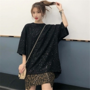 ￥17.9 港味chic中长款宽松圆领闪闪半袖T恤女春季新款韩版学生休闲上衣