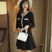 女装连衣裙2019新款韩版拉链拼接V领长袖连衣裙纯色修身女裙