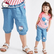 hellokitty童装女童针织牛仔短裤纯棉1-3岁婴儿裤子夏宝宝七分裤