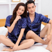 春秋新款睡衣女长袖仿真丝绸开衫套装可爱韩版印花翻领冰丝家居服