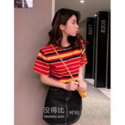 欧缇姗 夏季新款宽松彩色条纹t恤女