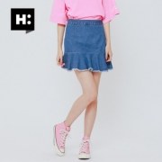 H:CONNECT夏季新款半身裙韩国高腰毛边百褶鱼尾休闲牛仔半裙 68元