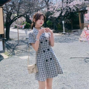 夏梵尼 法国小众桔梗复古格子连衣裙