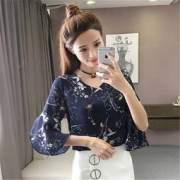 夏季新款 短袖 雪纺衬衫 上衣服 喇叭袖  59.9元包邮（需用券）