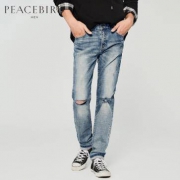 PEACEBIRD 太平鸟 男士浅色水洗破洞牛仔裤