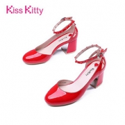 KissKitty2019春季新款女鞋漆皮休闲铆钉一字扣高跟鞋女浅口单鞋