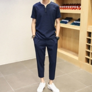 中国风亚棉麻麻套装男士短袖t恤男