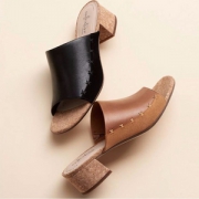 限US5.5码，2019新款 Clarks 女士 Elisa Abby 女士真皮粗高跟一字拖鞋 Prime会员免费直邮含税