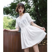 唐狮 女士白色v领蕾丝裙