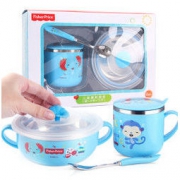Fisher-Price 费雪 婴儿不锈钢碗带盖水杯勺子套装组合 350+270ML 蓝色 *2件