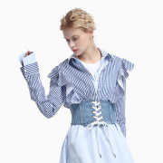 9日0点：ochirly 欧时力 1JH3017760 女士条纹荷叶边棉质长袖衬衫 低至69.63元（双重优惠）