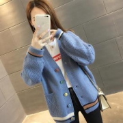 秋季新款开衫女学生韩版毛衣拼色外