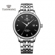 14点：TIAN WANG 天王表 昆仑系列 自动机械表 黑色表盘钢带男表5876