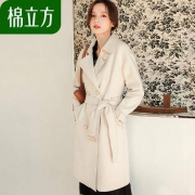 棉立方 19CL299 女士双排扣系带呢大衣