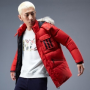冠军犀牛 男士短款连帽毛领棉服