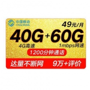 3日8点：中国移动手机卡 100G通用流量+1200分钟通话  移动尊享卡49元/月