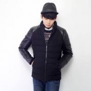 限尺码：唐狮/Tonlion 男修身羽绒服 PU拼皮加厚羽绒服