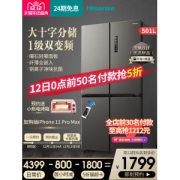 海信 风冷无霜 一级能效 变频 十字对开冰箱 501L