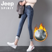 JEEP SPIRIT 2019新款女士高腰加绒加厚牛仔裤