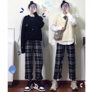 格子阔腿裤女裤子高腰韩版直筒拖地裤 券后￥34.8