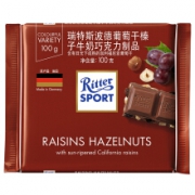 京东PLUS会员：Ritter SPORT 瑞特斯波德 葡萄干榛子牛奶巧克力 100g *10件