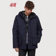 商场同款、100%纯棉：H&M 男士 加厚仿羊羔绒夹棉派克大衣