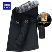 出口量国内第一 罗蒙 男士可拆卸真狐狸毛领 加厚中长款羽绒服
