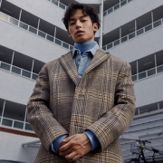 GXG男装2019冬季新款英伦风格纹含羊毛中长款大衣潮牌时髦外套男
