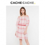 CacheCache 7379109366 女士一字肩格纹连衣裙