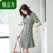 棉立方 19BE1149 女士复古格子V领连衣裙