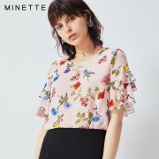 minette 30219043218 夏季新款时尚圆领碎花雪纺衫 49元包邮