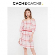 CacheCache 7379109366 女士一字肩格纹连衣裙