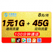 中国移动 大王卡 8元/月 1元1G通用+45G定向+100分钟 29元包邮