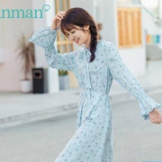 茵曼 F1801421 女士百褶长袖连衣裙
