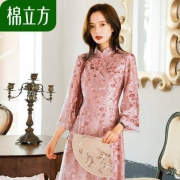 棉立方 19CE1299 女士丝绒改良旗袍连衣裙