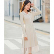 茵曼 F1801359 女士花边袖珍珠扣连衣裙