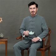 4.9分，商场同款，天然棉麻：纸叶 男士 短袖汉服唐装2件套