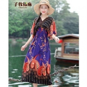 子牧棉麻 Z19XH006333 印花短袖连衣裙
