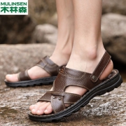 木林森 男士头层牛皮 户外防滑凉拖鞋